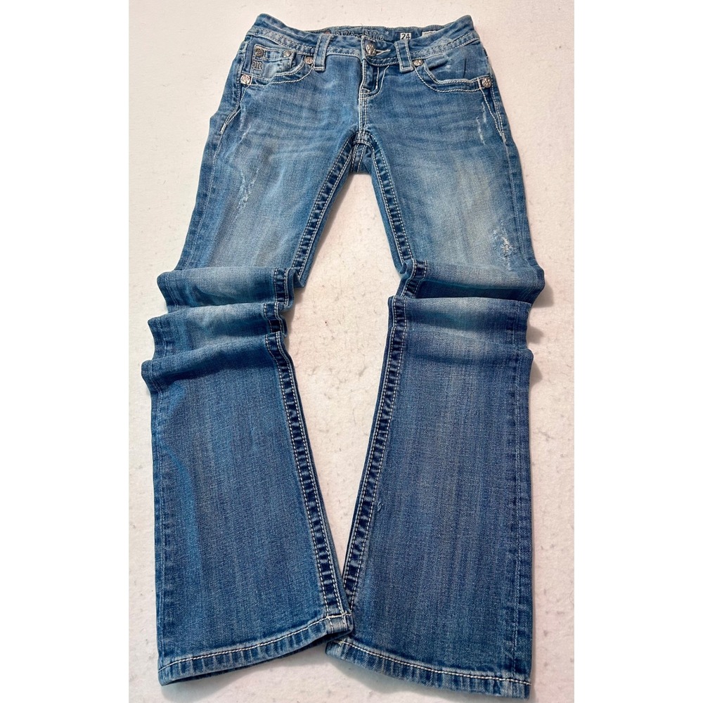 Miss Me Signature Bootcut Jeans Womens 24 Medium Wash Distressed Embellished Y2K